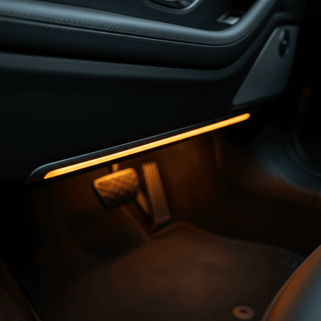 Warm amber ambient LED strip glowing along the base of a car door panel