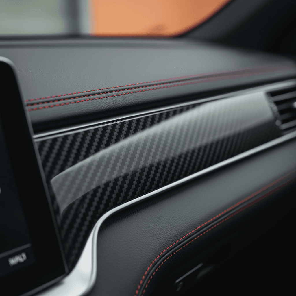 Freshly installed dashboard trim panel with visible stitching seam