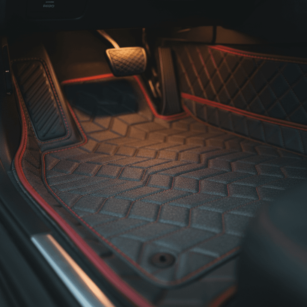 Fitted 7D car floor mat with raised borders and red edge trim
