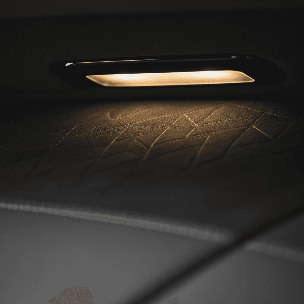 Fresh black suede car roof lining with subtle micro stitch