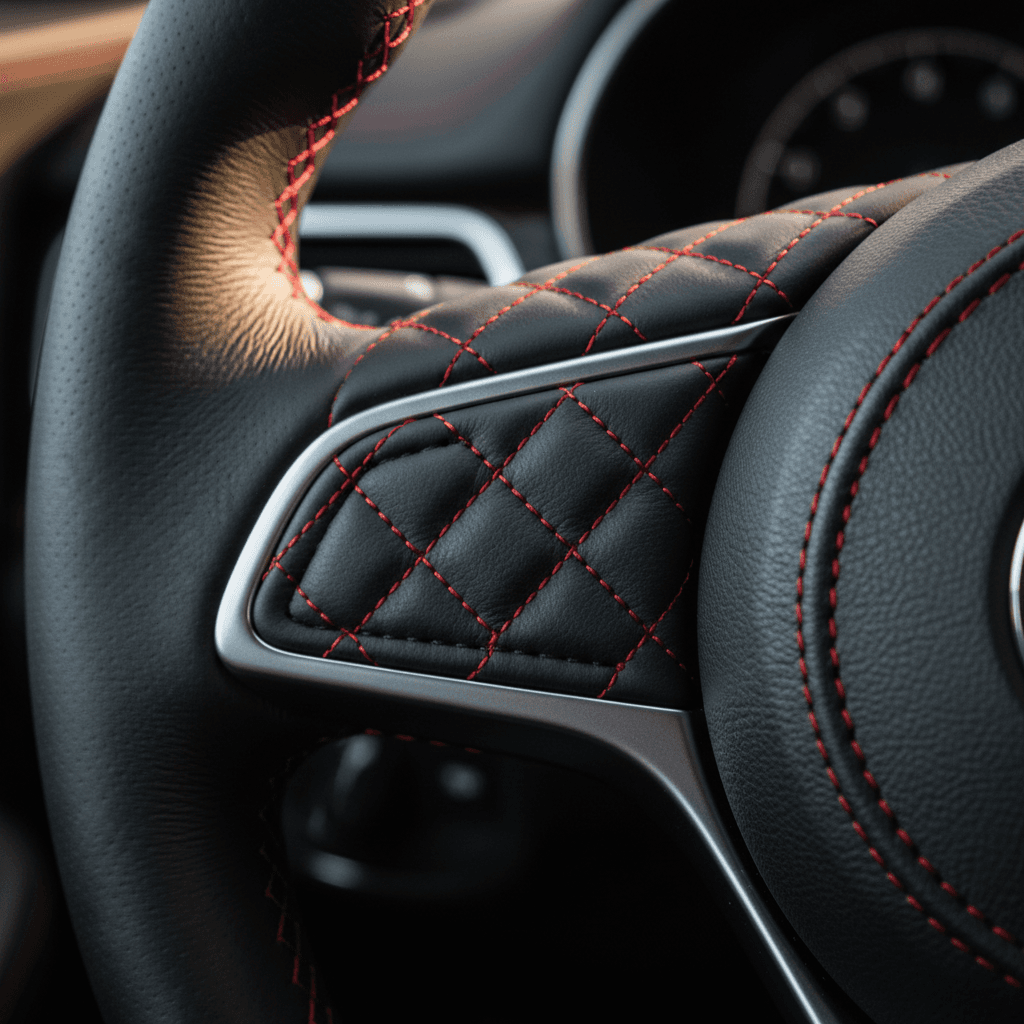 Hand wrapped leather steering wheel with red contrast stitching